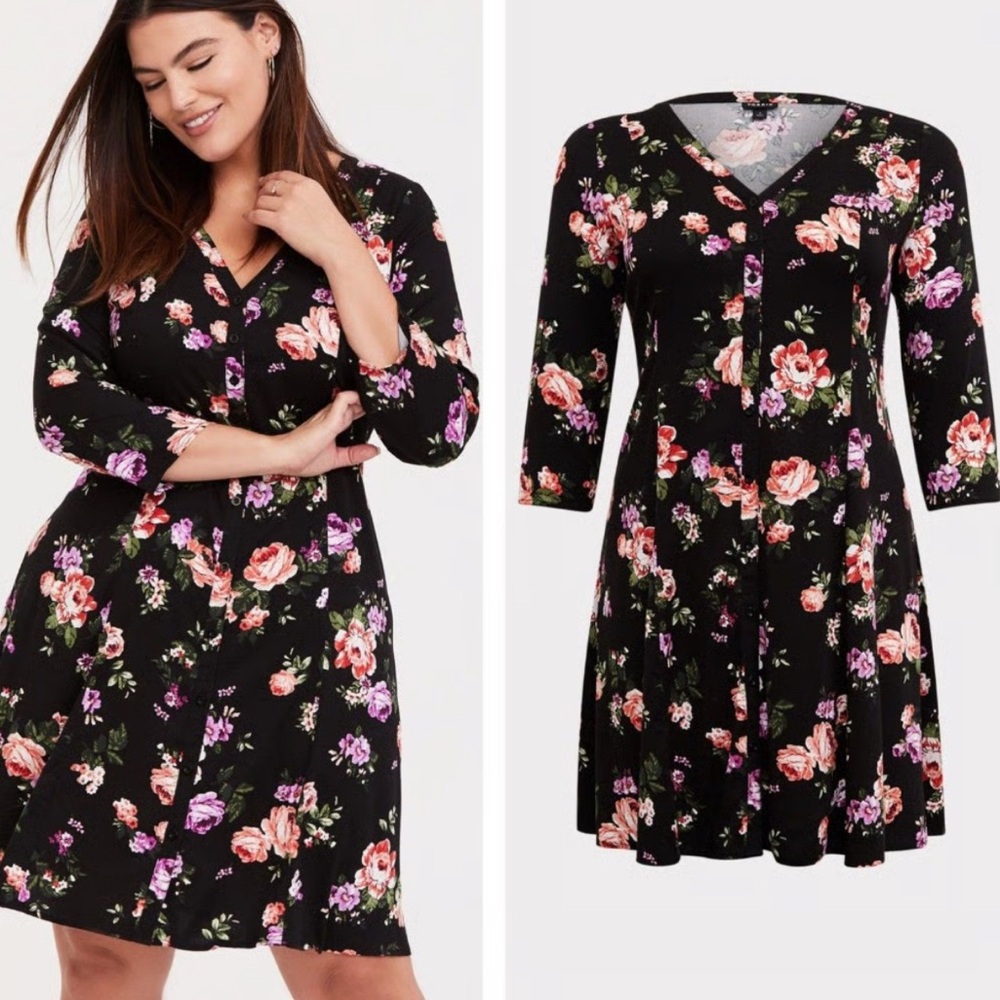 Torrid Black Dress with Pink Floral Design